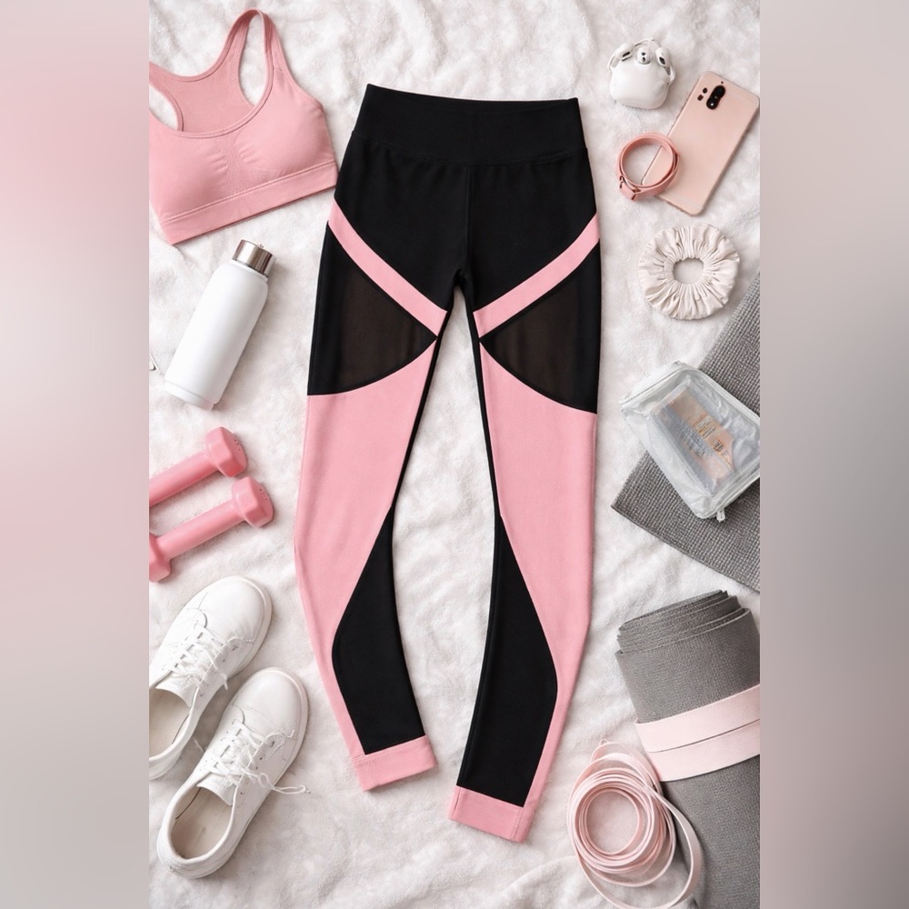 SHEIN CURVE Black Pink Mesh Cut-Out Yoga Leggings ~ Size 1X=US12/14 ~ NWOT - Picture 2 of 10